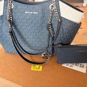 Michael Kors Navy Logo Tote with Cream Trim and Matching Wallet